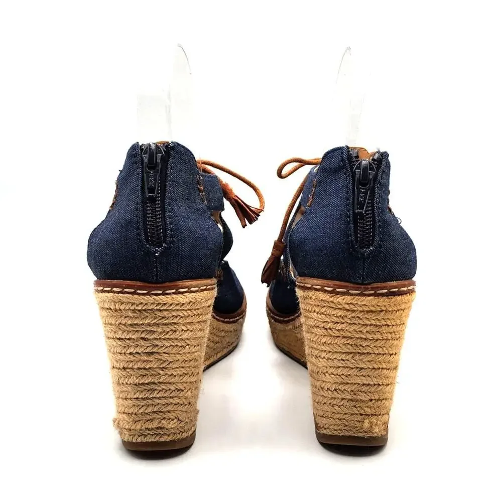 GH Bass Krista‎ Denim Espadrille Wedge Heel Open Toe Tie Front Zipper Size 7.5